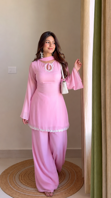 Women's Pastel Pink 3-Piece Kurta Palazzo Set with Dupatta