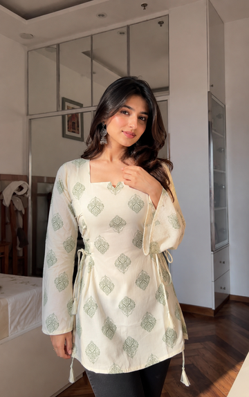 Women's Off White Rayon Cotton Short Kurti with Green Buta Print