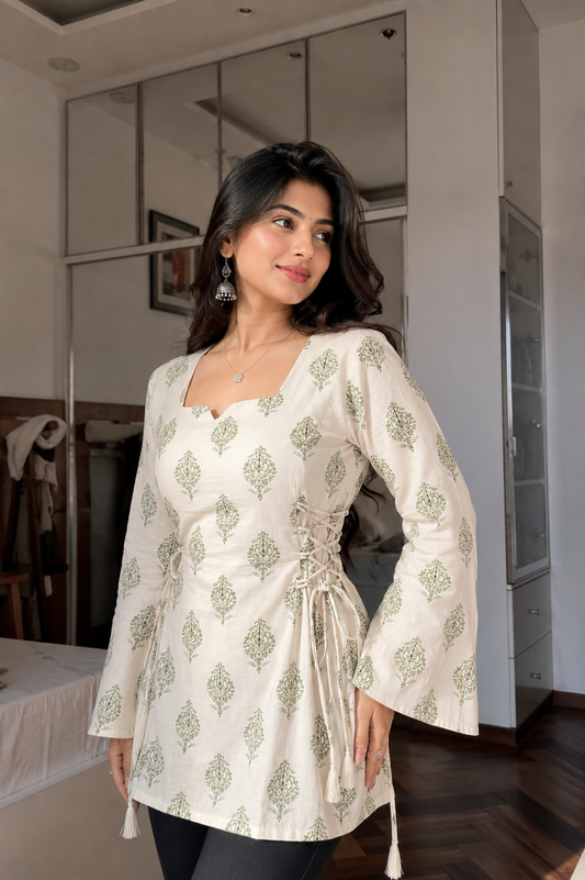 Women's Off White Rayon Cotton Short Kurti with Green Buta Print