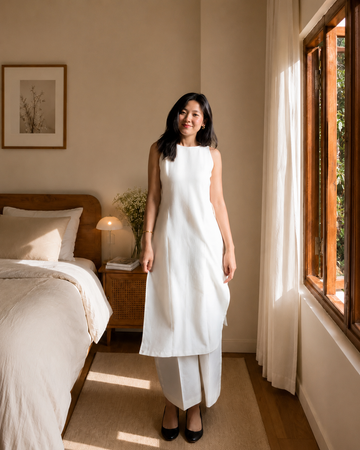 Women's Sleeveless Ivory Cotton Kurta Set with Straight Pants