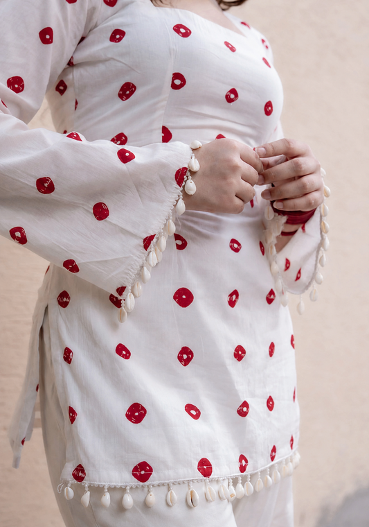 Women's White Cotton Kurta with Red Block Print & Bell Sleeves