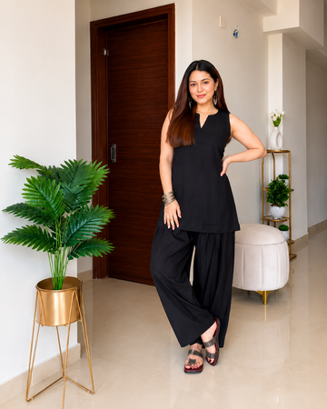 Women's Solid Black Sleeveless Co-Ord Set