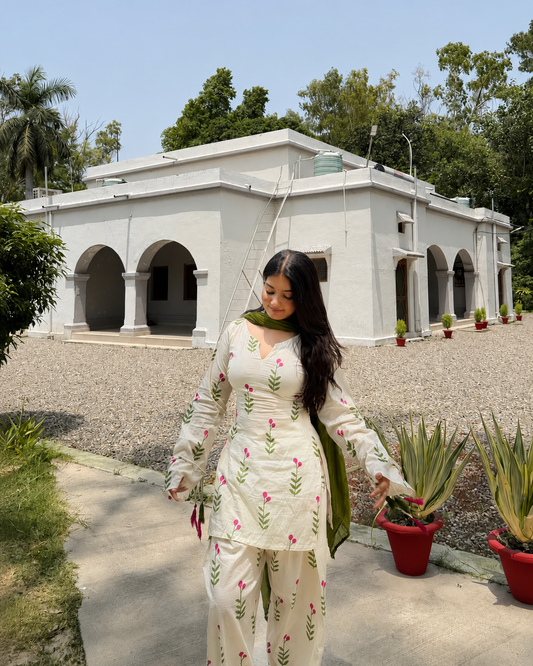 Women's Floral Printed Cotton Kurta Set with Dupatta – 3 Piece Ivory & Olive Green