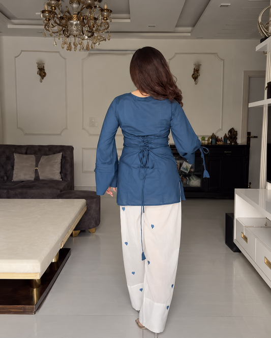 Blue Cotton Lace-Up Kurti with Heart-Print Palazzo Set